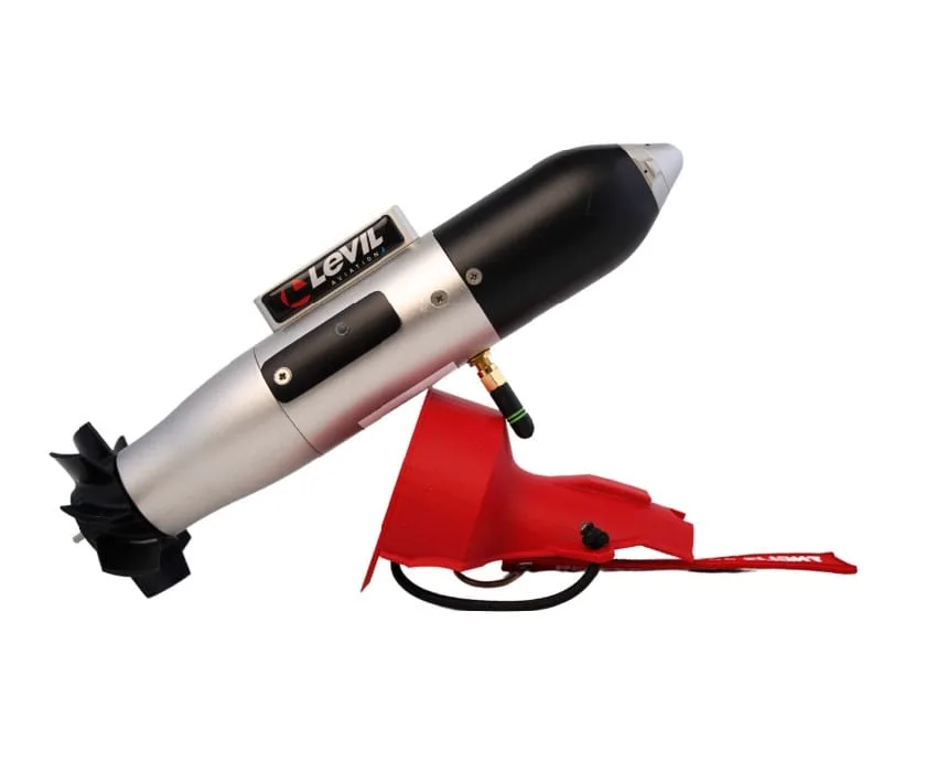 Levil BOM air data and ADS-B pod mounted on its red strut clamp, nose forward