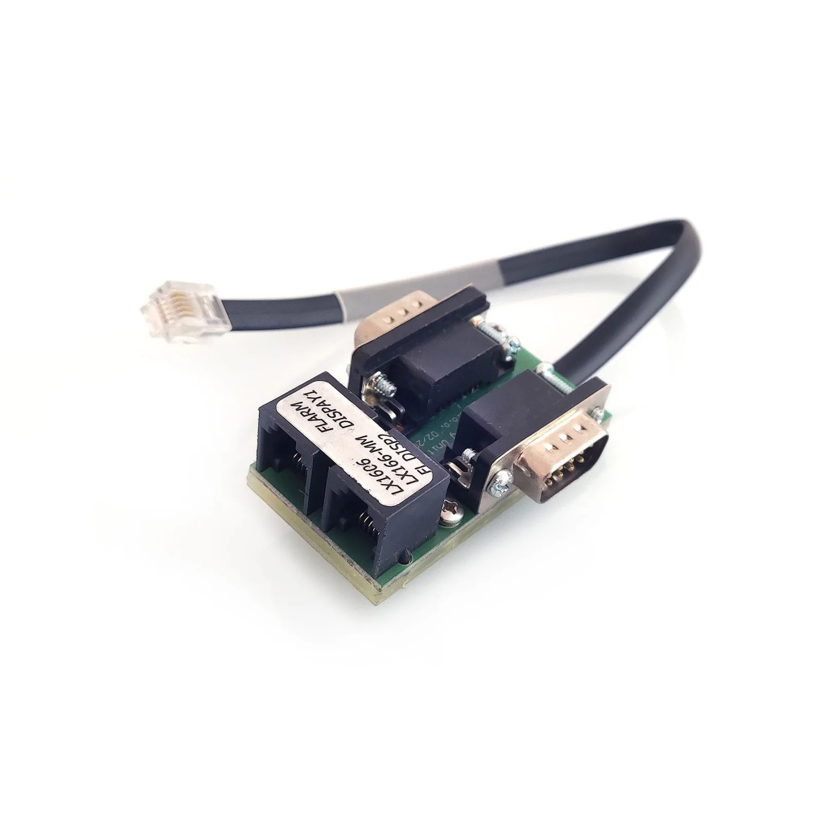 FLARM splitter for the Minibox: a small board with a modular socket, D-Sub connectors and a jumper lead
