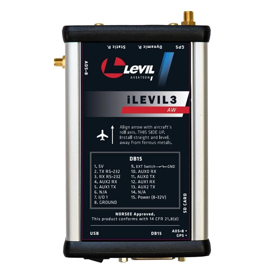 iLevil 3 AW receiver standing upright, front label with the connector pinout