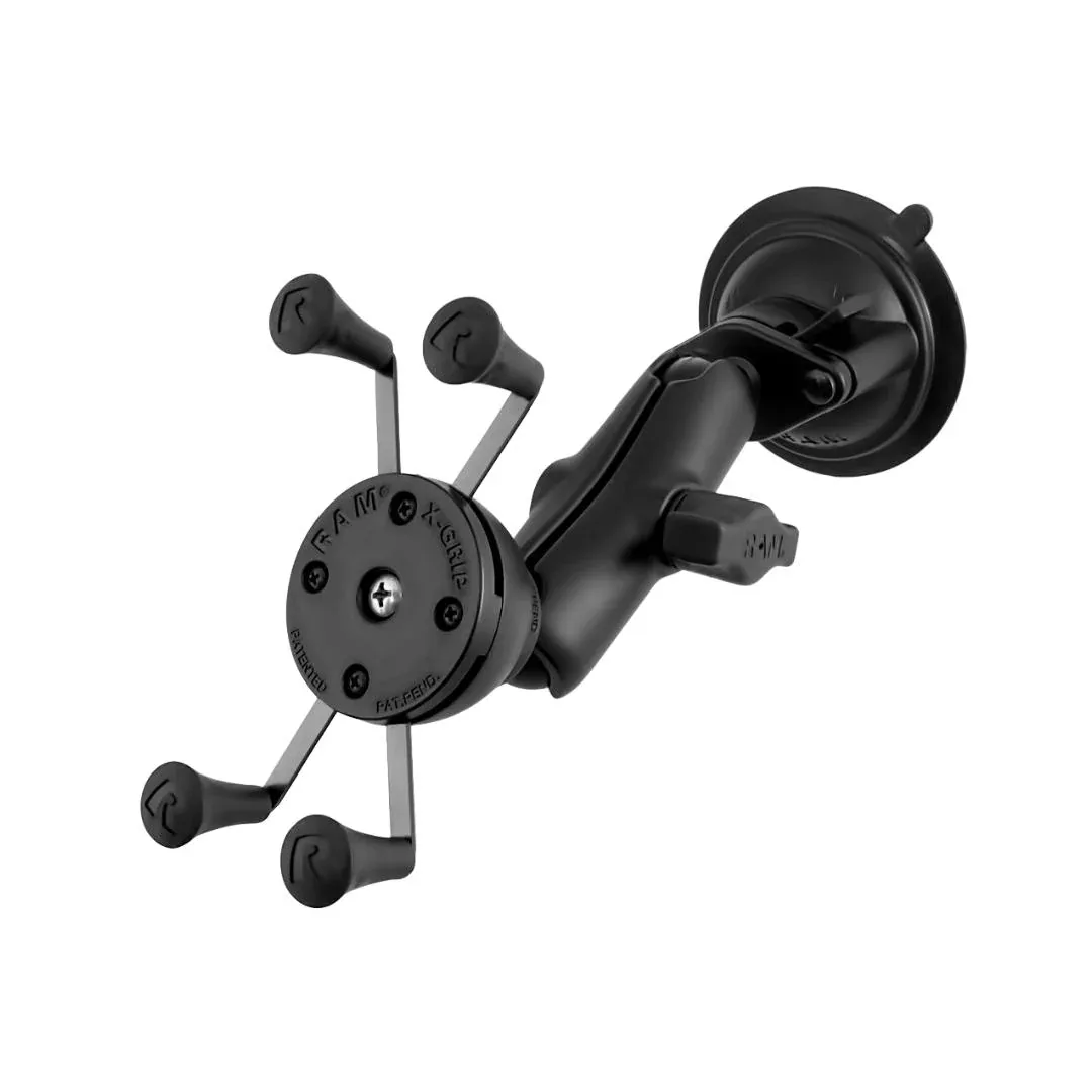 iLevil mount: a black X-grip tablet clamp on a suction-cup arm