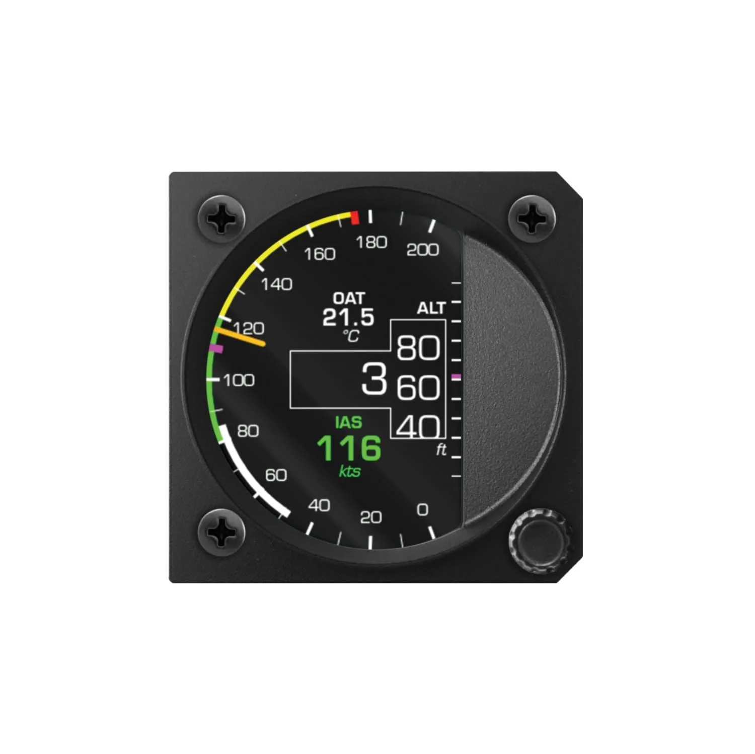 iris all-in-one 80 showing 116 km/h indicated on the coloured speed arc with altitude and OAT 21.5 degrees