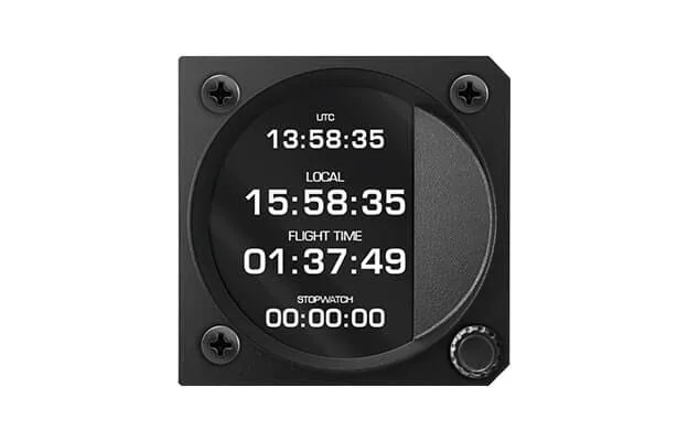 iris chrono 57 showing UTC and local time, flight time and a stopwatch