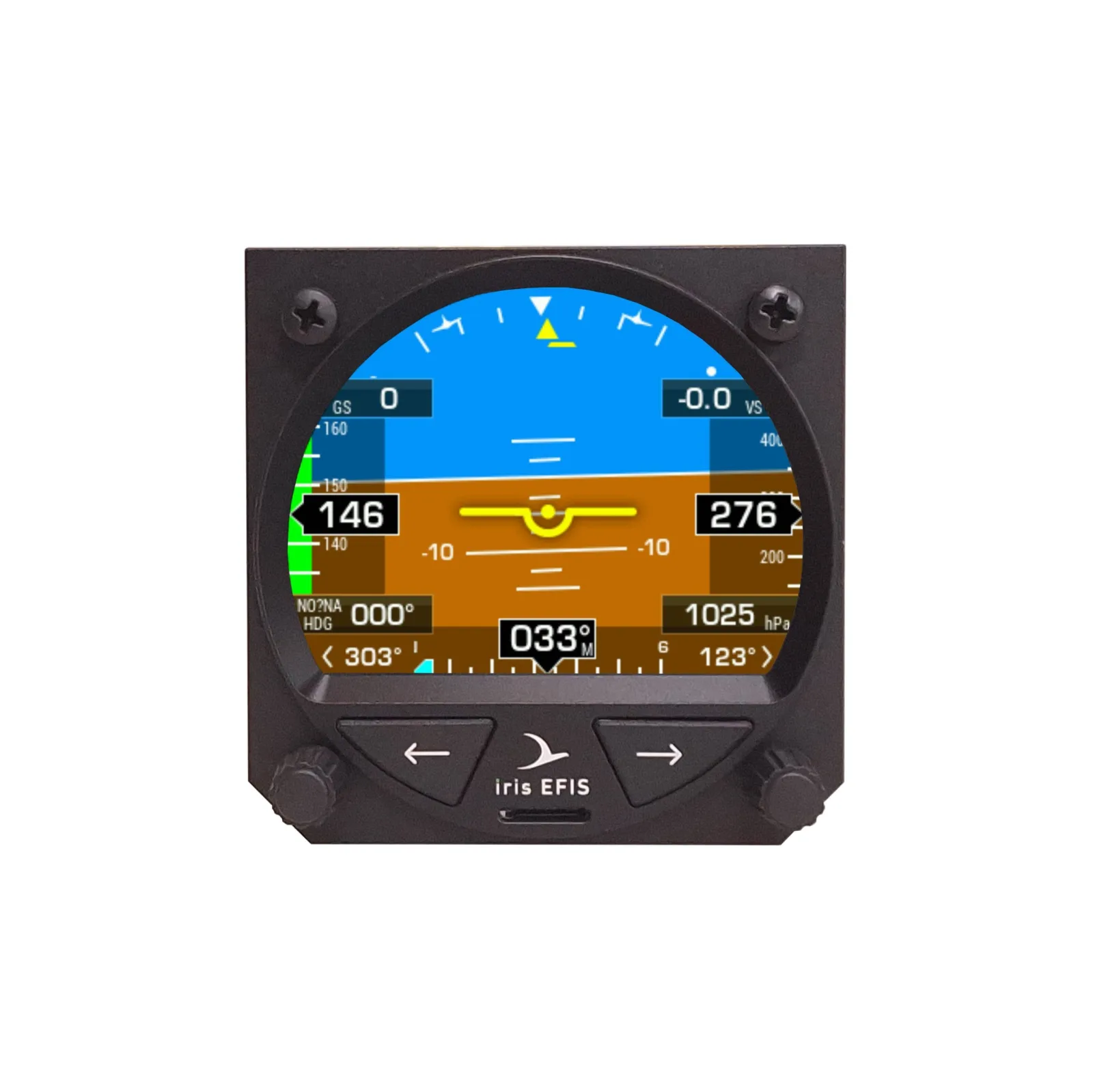 iris EFIS Pro display 80 showing the attitude page with the horizon, speed and altitude tapes