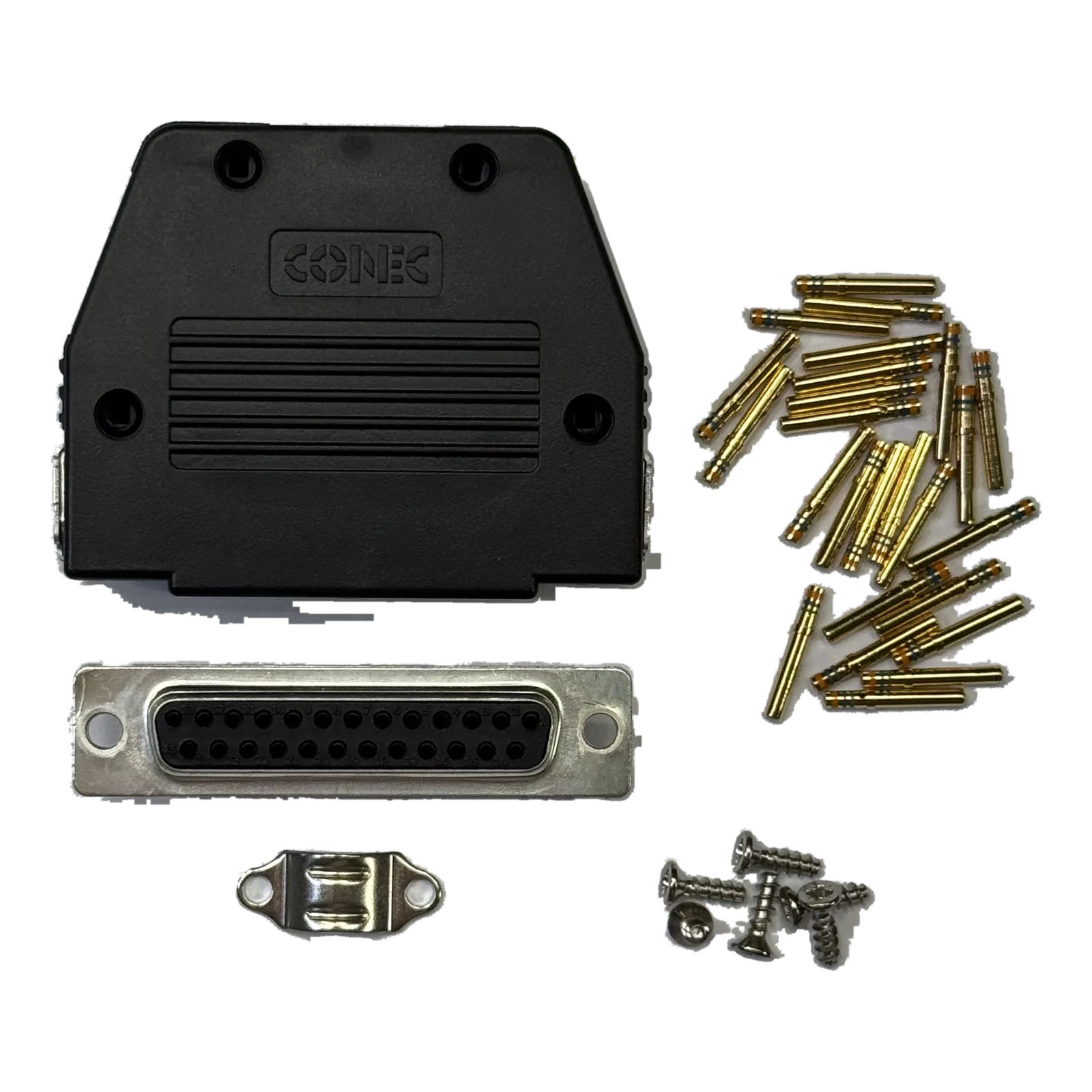 Navia Core Pro J101 connector set: 25-way D-Sub receptacle, two-piece backshell, gold crimp sockets and screws
