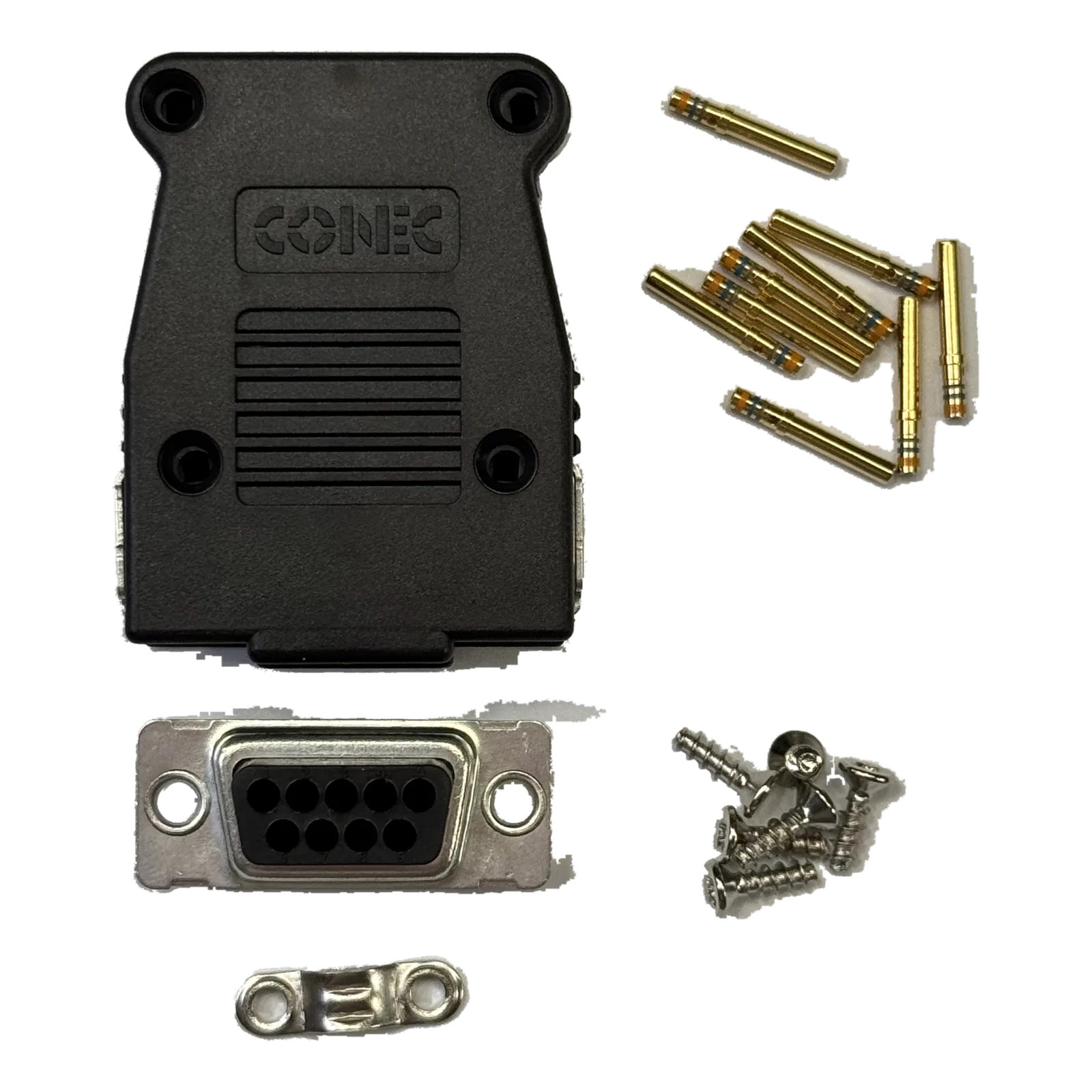 Navia Mop J600 connector set: 9-way D-Sub receptacle, two-piece backshell, gold crimp sockets and screws