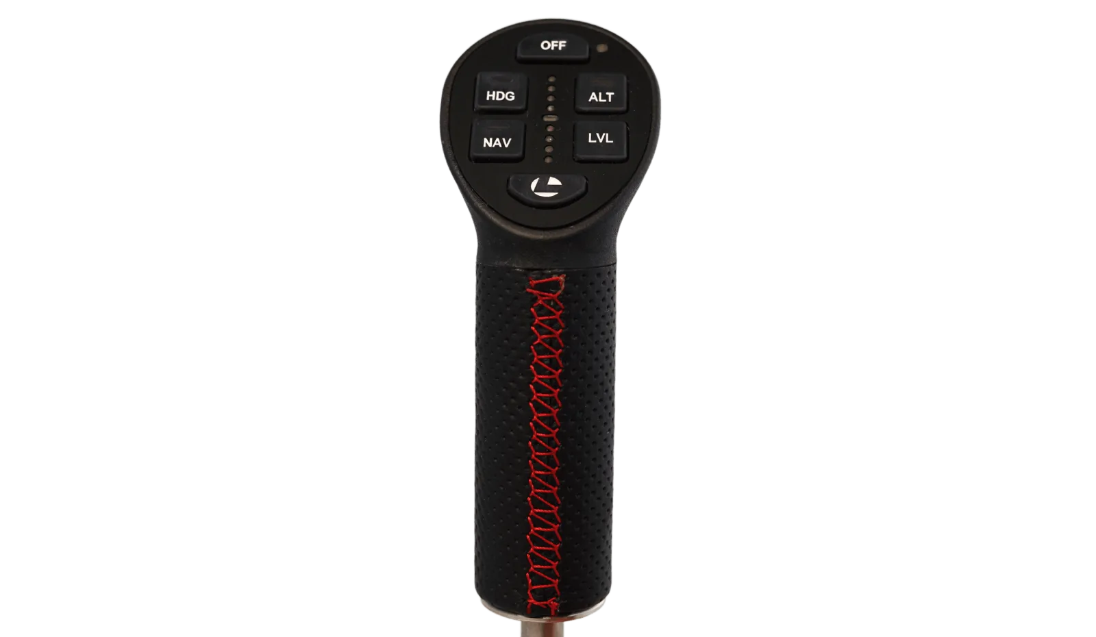 Levil Aviation Joy control grip upright, with the autopilot button cluster on top and the red-stitched grip