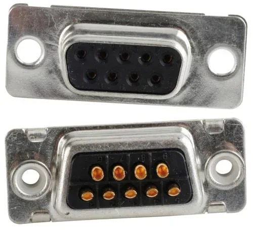 Nine-position D-Sub female receptacle, front face and rear contact side shown together
