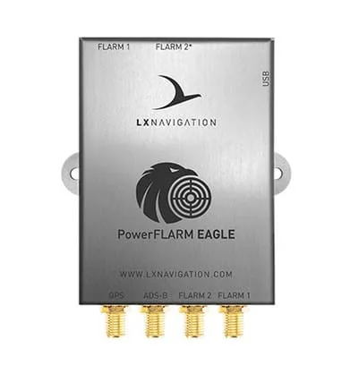 PowerFLARM Eagle in its brushed aluminium housing, with four antenna connectors for GPS, ADS-B and FLARM
