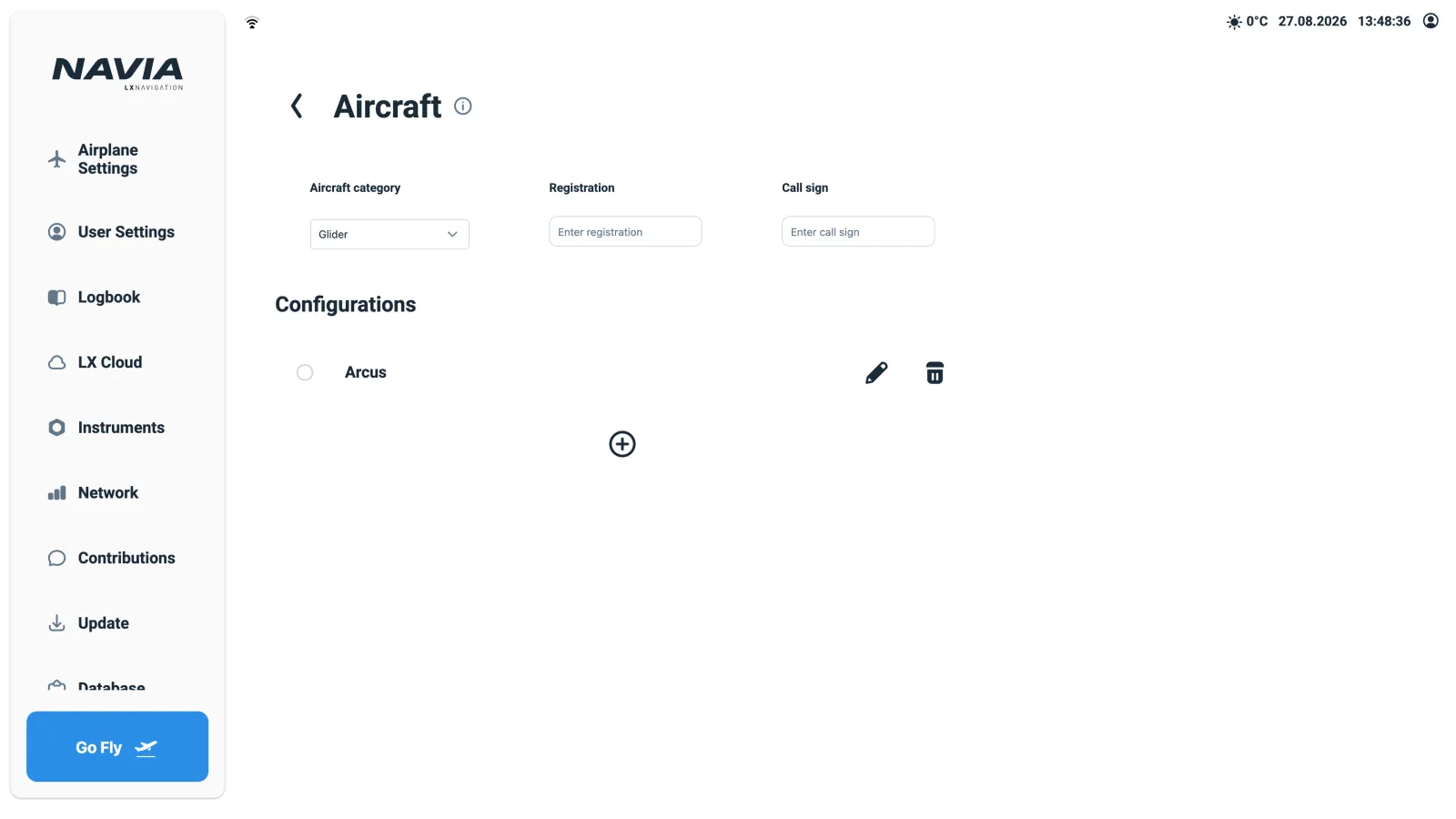 NAVIA aircraft settings, where category, registration and call sign are set