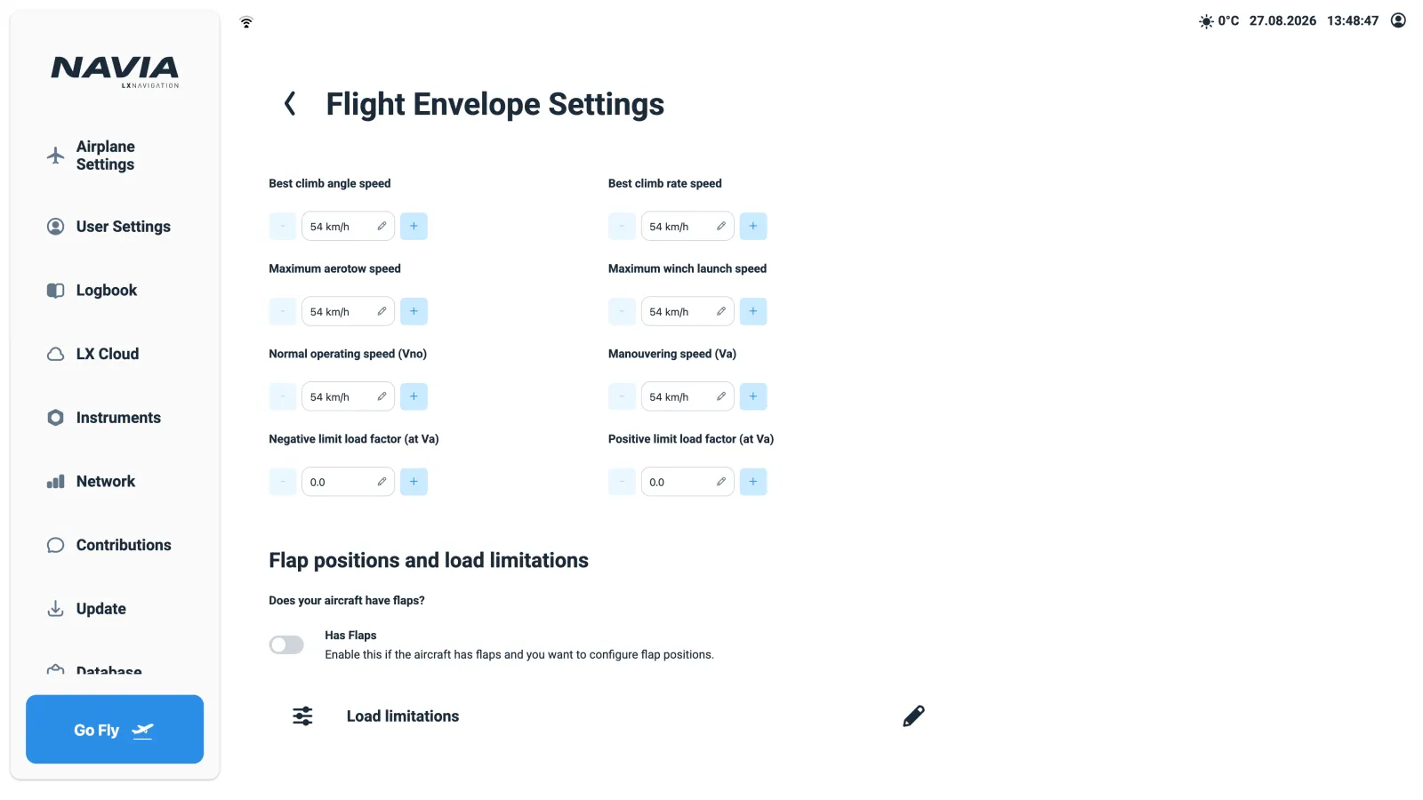 NAVIA flight envelope settings with speeds and load limits