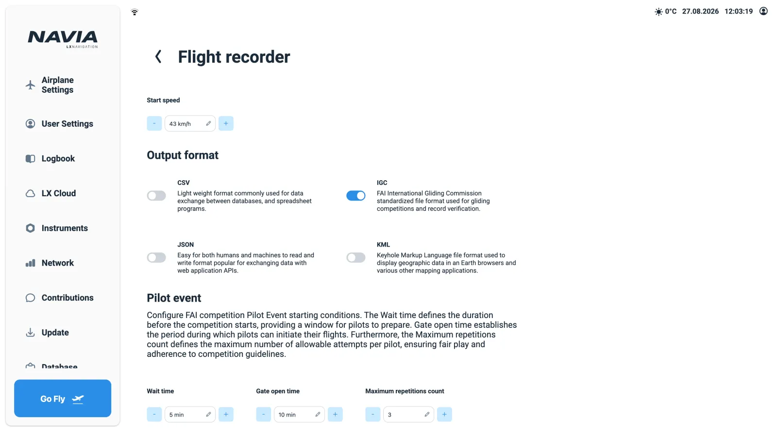 NAVIA flight recorder settings