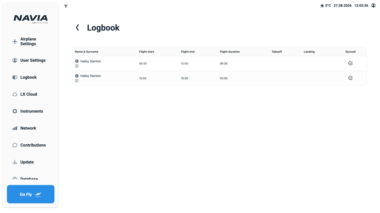 The NAVIA logbook listing recorded flights