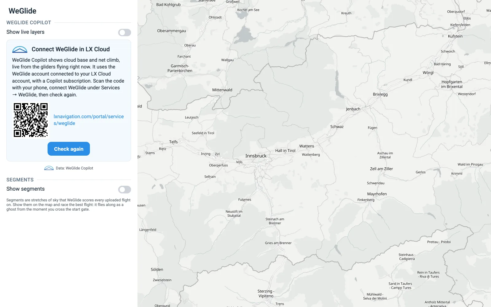 Navia mit der Aufforderung, WeGlide in der LX Cloud zu verbinden, und einem QR-Code