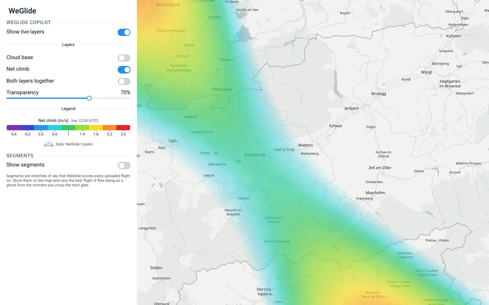 Navia-Karte mit dem Netto-Steigen-Layer von WeGlide Copilot