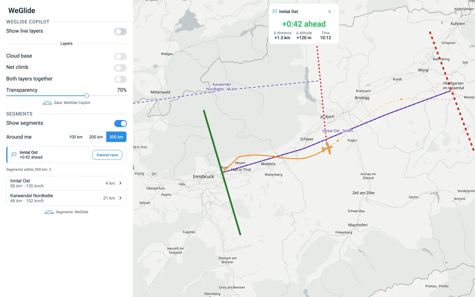 Rennen gegen den Geister-Segler des besten Flugs auf einem WeGlide-Segment