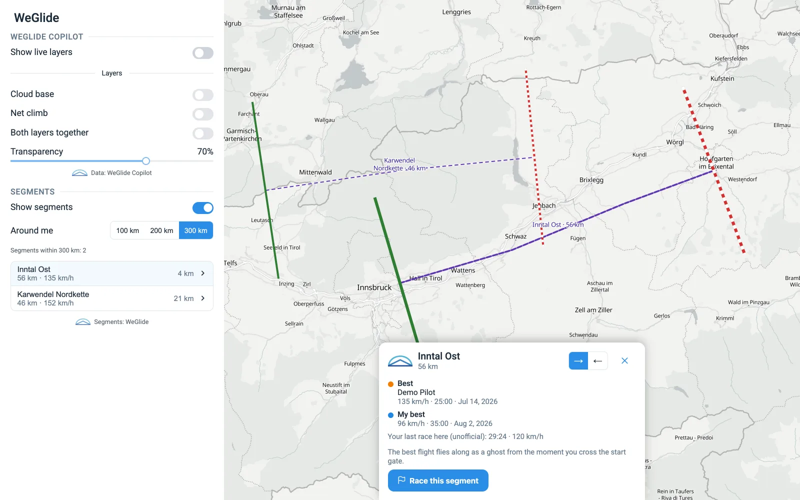 WeGlide-Segmente auf der Navia-Karte, mit Segment-Infokarte